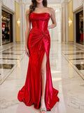 Sheath/Column Silk like Satin Ruched Strapless Sleeveless Sweep/Brush Train Corset Dresses Prom Evening Dress