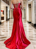 Sheath/Column Silk like Satin Ruched Strapless Sleeveless Sweep/Brush Train Corset Dresses Prom Evening Dress