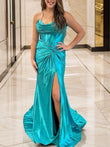 Sheath/Column Silk like Satin Ruched Strapless Sleeveless Sweep/Brush Train Corset Dresses Prom Evening Dress