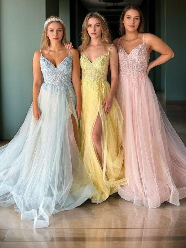 A-Line/Princess Tulle Applique V-neck Sleeveless Court Train Corset Evening Dresses Prom Dress