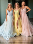 A-Line/Princess Tulle Applique V-neck Sleeveless Court Train Corset Evening Dresses Prom Dress