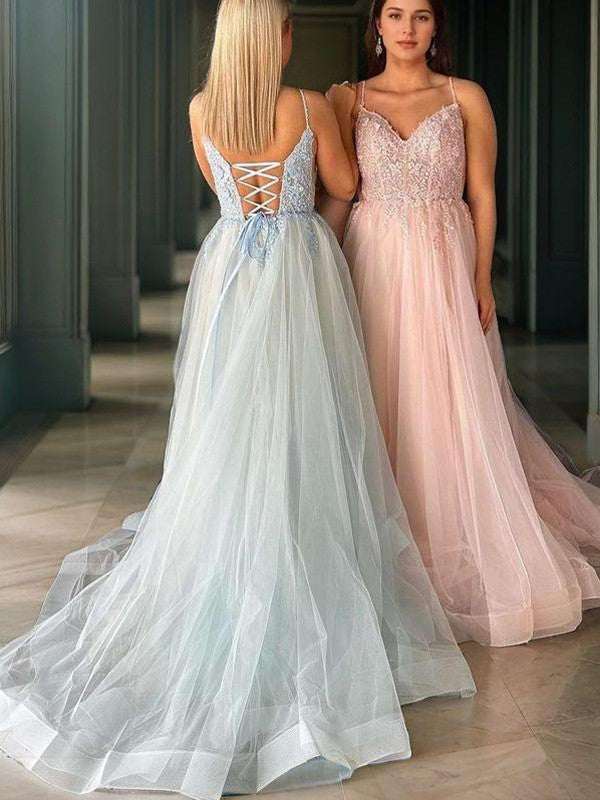 A-Line/Princess Tulle Applique V-neck Sleeveless Court Train Corset Evening Dresses Prom Dress