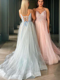 A-Line/Princess Tulle Applique V-neck Sleeveless Court Train Corset Evening Dresses Prom Dress