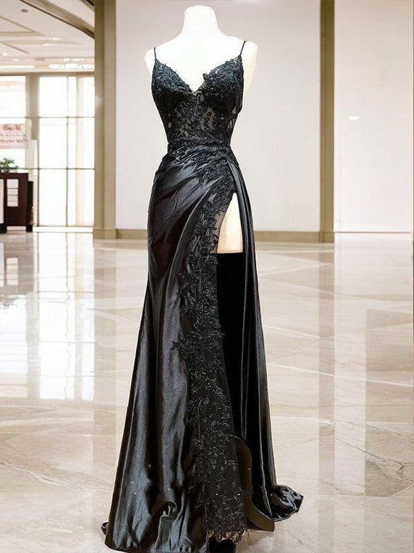 Sheath/Column Silk like Satin Applique V-neck Sleeveless Sweep/Brush Train Dresses Prom Evening Dress