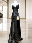 Sheath/Column Silk like Satin Applique V-neck Sleeveless Sweep/Brush Train Dresses Prom Evening Dress