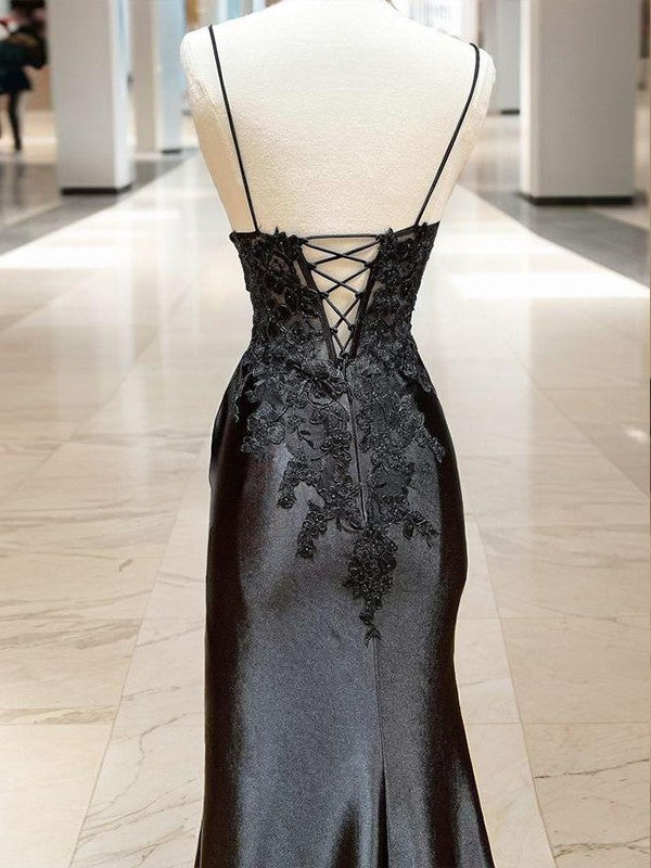 Sheath/Column Silk like Satin Applique V-neck Sleeveless Sweep/Brush Train Dresses Prom Evening Dress