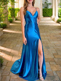 Sheath/Column Silk like Satin V-neck Sleeveless Court Train Corset Dresses Prom Evening Dress