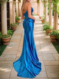 Sheath/Column Silk like Satin V-neck Sleeveless Court Train Corset Dresses Prom Evening Dress