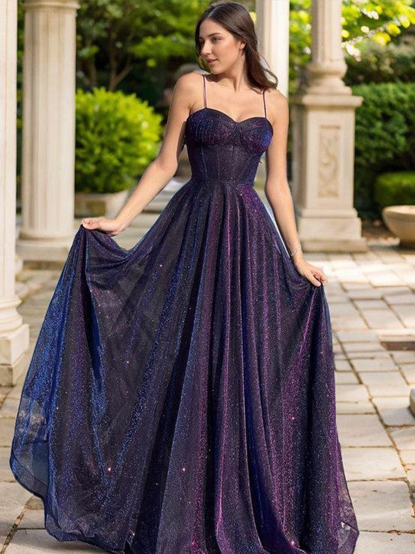 A-Line/Princess Spaghetti Straps Sleeveless Floor-Length Corset Dresses Prom Evening Dress