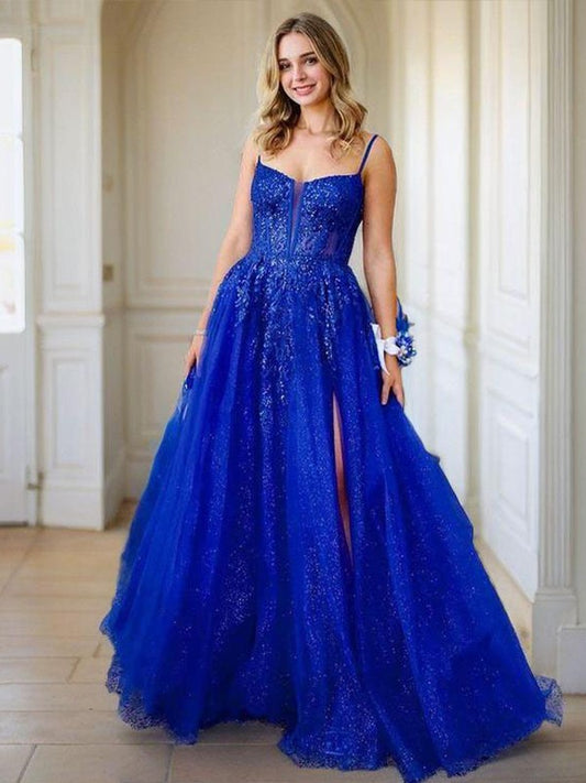 A-Line/Princess Tulle Applique Spaghetti Straps Sleeveless Sweep/Brush Train Corset Dresses Prom Evening Dress