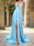 A-Line/Princess Silk like Satin V-neck Sleeveless Sweep/Brush Train Dresses Prom Evening Dress