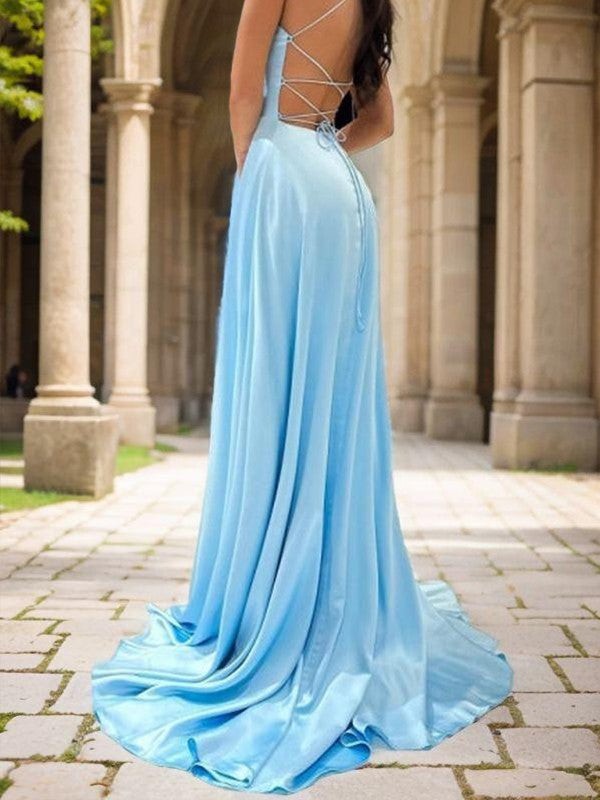 A-Line/Princess Silk like Satin V-neck Sleeveless Sweep/Brush Train Dresses Prom Evening Dress