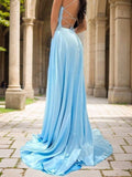 A-Line/Princess Silk like Satin V-neck Sleeveless Sweep/Brush Train Dresses Prom Evening Dress