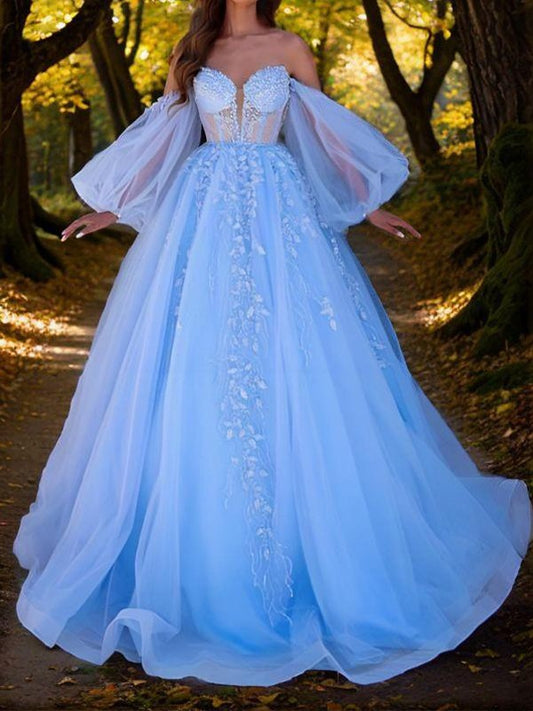 Ball Gown Tulle Applique Sweetheart Long Sleeves Sweep/Brush Train Corset Evening Dresses Prom Dress