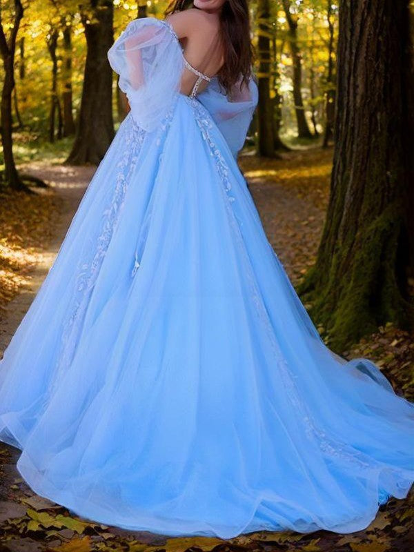 Ballkleid Tüll Applikationen Herzausschnitt Lange Ärmel Sweep/Pinsel Zug Korsett Abendkleider Ballkleid