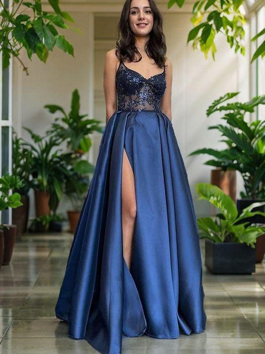 A-Line/Princess Satin Applique V-neck Sleeveless Floor-Length Evening Dresses Prom Dress