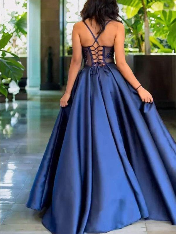 A-Line/Princess Satin Applique V-neck Sleeveless Floor-Length Evening Dresses Prom Dress