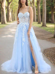 A-Line/Princess Tulle Applique Spaghetti Straps Sleeveless Court Train Corset Evening Dresses Prom Dress