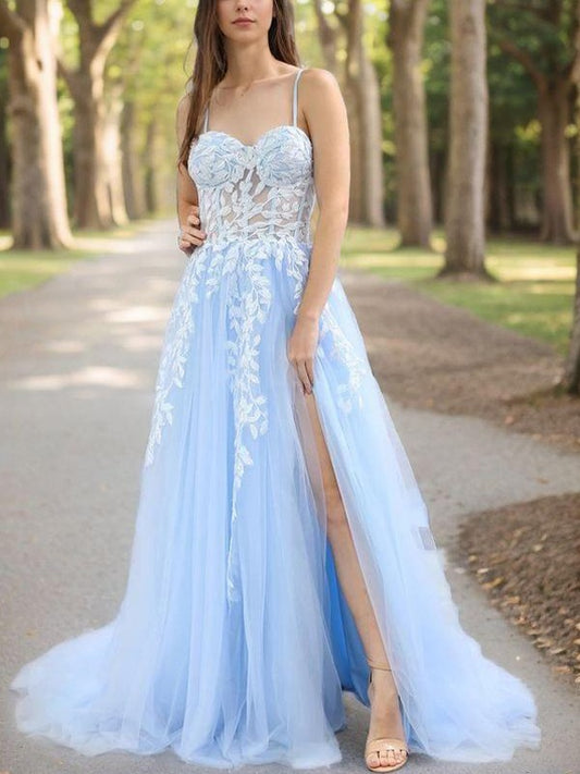 A-Line/Princess Tulle Applique Spaghetti Straps Sleeveless Court Train Corset Evening Dresses Prom Dress
