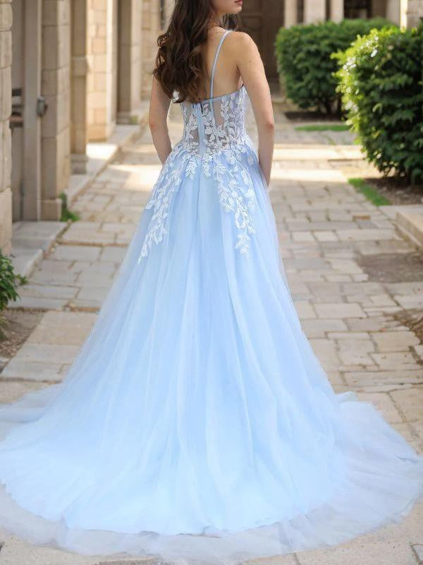 A-Line/Princess Tulle Applique Spaghetti Straps Sleeveless Court Train Corset Evening Dresses Prom Dress