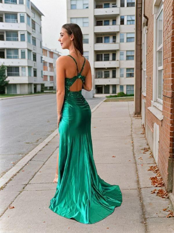 Sheath/Column Silk like Satin Applique Spaghetti Straps Sleeveless Sweep/Brush Train Corset Dresses Prom Evening Dress