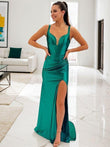 Sheath/Column Silk like Satin Ruched V-neck Sleeveless Sweep/Brush Train Dresses Prom Evening Dress