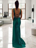 Sheath/Column Silk like Satin Ruched V-neck Sleeveless Sweep/Brush Train Dresses Prom Evening Dress
