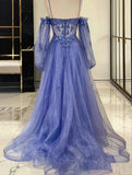 A-Line/Princess Tulle Applique Spaghetti Straps Long Sleeves Court Train Corset Evening Dresses Prom Dress