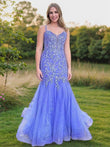 Trumpet/Mermaid Tulle Applique Straps Sleeveless Court Train Evening Dresses Prom Dress