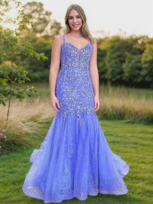 Trumpet/Mermaid Tulle Applique Straps Sleeveless Court Train Evening Dresses Prom Dress