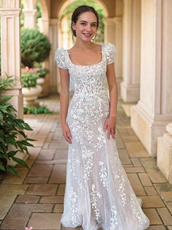 Sheath/Column Tulle Applique Square Short Sleeves Sweep/Brush Train Corset Dresses Prom Evening Dress