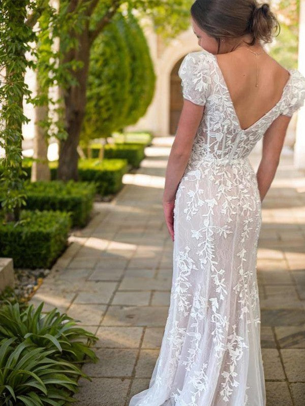 Sheath/Column Tulle Applique Square Short Sleeves Sweep/Brush Train Corset Dresses Prom Evening Dress