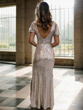 Sheath/Column Sequins Sequin V-neck Short Sleeves Floor-Length Dresses Prom Evening Dress