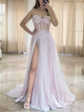 A-Line/Princess Tulle Beading Sweetheart Sleeveless Sweep/Brush Train Corset Dresses Prom Evening Dress