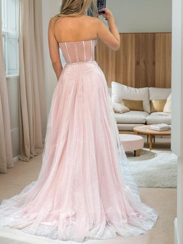 A-Line/Princess Tulle Beading Sweetheart Sleeveless Sweep/Brush Train Corset Dresses Prom Evening Dress