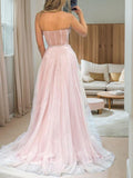 A-Line/Princess Tulle Beading Sweetheart Sleeveless Sweep/Brush Train Corset Dresses Prom Evening Dress