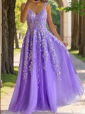 A-Line/Princess Tulle Applique V-neck Sleeveless Floor-Length Evening Dresses Prom Dress
