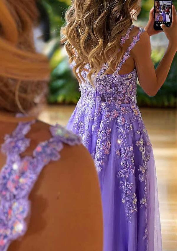 A-Line/Princess Tulle Applique V-neck Sleeveless Floor-Length Evening Dresses Prom Dress