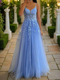 A-Line/Princess Tulle Applique Straps Sleeveless Floor-Length Corset Dresses Prom Evening Dress