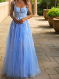 A-Line/Princess Tulle Applique Straps Sleeveless Floor-Length Corset Dresses Prom Evening Dress