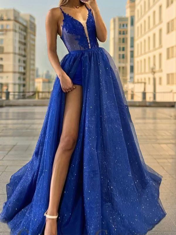 A-Line/Princess Tulle Applique V-neck Sleeveless Floor-Length Evening Dresses Prom Dress