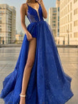 A-Line/Princess Tulle Applique V-neck Sleeveless Floor-Length Evening Dresses Prom Dress