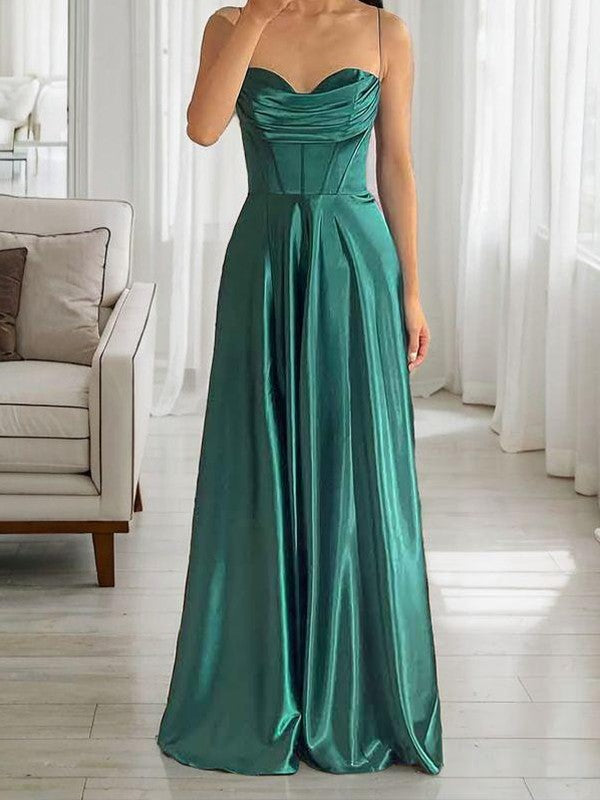 A-Line/Princess Silk Like Satin Ruched Spaghetti Straps Sleeveless Floor-Length Corset Dresses Prom Evening Dress