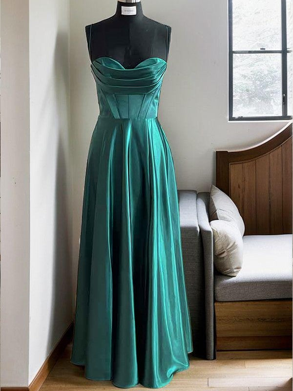 A-Line/Princess Silk Like Satin Ruched Spaghetti Straps Sleeveless Floor-Length Corset Dresses Prom Evening Dress