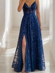A-Line/Princess Tulle Applique V-neck Sleeveless Floor-Length Corset Dresses Prom Evening Dress