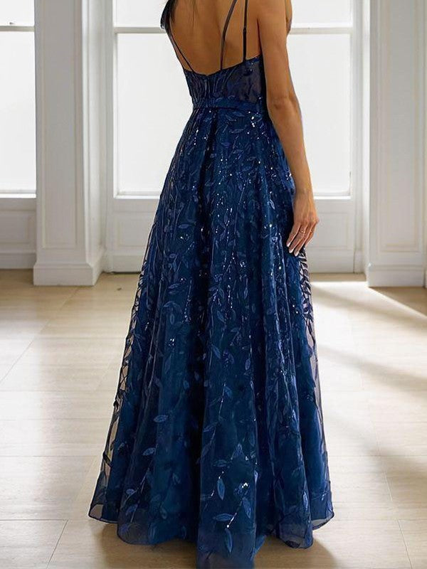 A-Line/Princess Tulle Applique V-neck Sleeveless Floor-Length Corset Dresses Prom Evening Dress