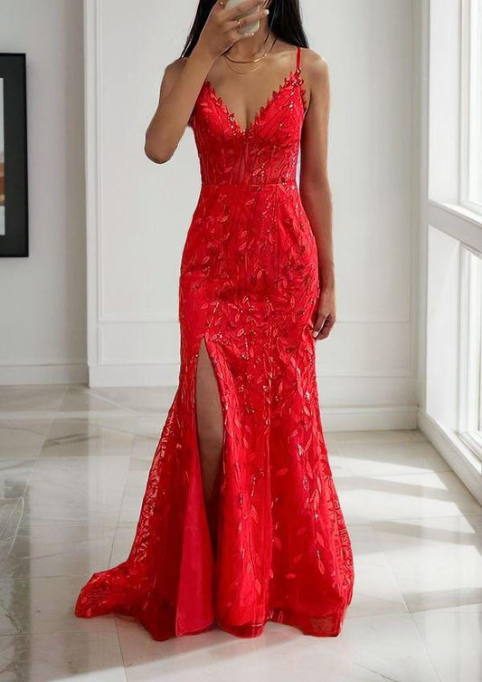 Sheath/Column Tulle Ruffles V-neck Sleeveless Sweep/Brush Train Dresses Prom Evening Dress