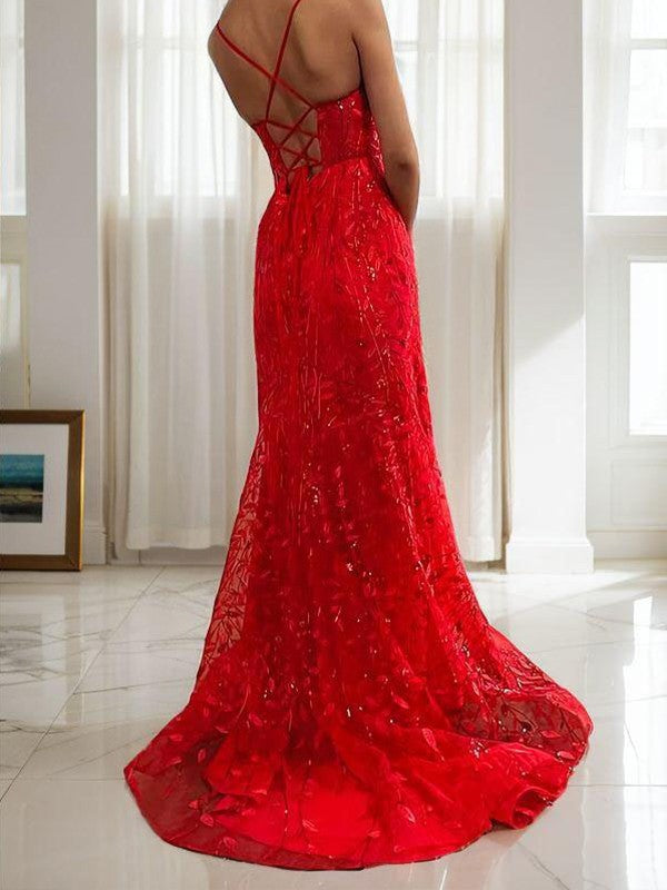 Sheath/Column Tulle Ruffles V-neck Sleeveless Sweep/Brush Train Dresses Prom Evening Dress