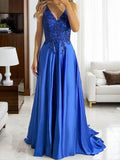 Sheath/Column Silk like Satin Applique V-neck Sleeveless Sweep/Brush Train Evening Dresses Prom Dress
