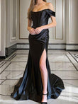 Sheath/Column Silk like Satin Ruched Off-the-Shoulder Sleeveless Court Train Corset Dresses Prom Evening Dress